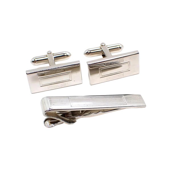 Conjunto de joyería Swank Vintage para hombre con clip de corbata y gemelos en tono plateado