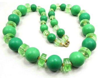 Large Chunky Lime Green Beaded Mid Century Vintage Necklace, Mod Maximalist Statement Jewelry