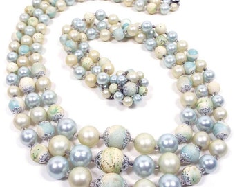 Japan Light Blue and Yellow Beaded Mid Century Vintage Multi Strand Necklace
