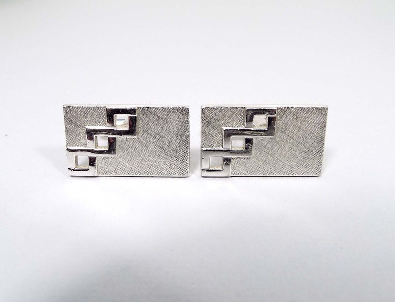 Mid Century 1960s 60s Brushed Silver Tone Cuff Links Hipster Jewelry Swank Signed Vintage Cufflinks Rectangle Cutout