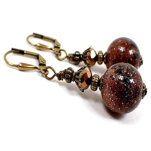 Handmade Sparkly Brown Lucite Galaxy Earrings, Antiqued Brass, Hook Lever Back or Clip On