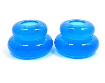 Set of Two Neon Blue Resin Handmade Puffy Round Double Ring Candlestick Holders, UV Fluorescent, Gifts Under 40