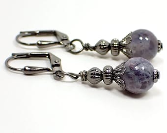 Handmade Small Light Purple Iolite Sunstone Gemstone Earrings, Gunmetal Plated, Hook Lever Back or Clip On