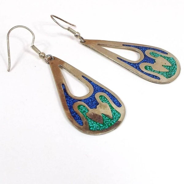 Mexican Blue and Green Dyed Stone Chip Vintage Teardrop Earrings, Alpaca Silver Alloy, Southwestern Jewelry