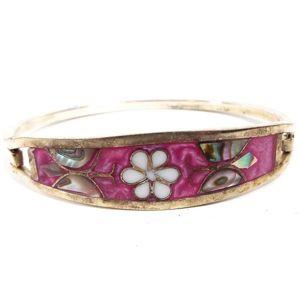 Mexican Pearly Pink Enameled Vintage Hinged Butterfly Bangle Bracelet, Boho Jewelry, Silver Tone