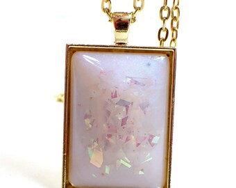 Handmade Blue Pearly Color Shift Resin with AB Pink Glitter Rectangle Pendant Necklace, Gifts Under 20