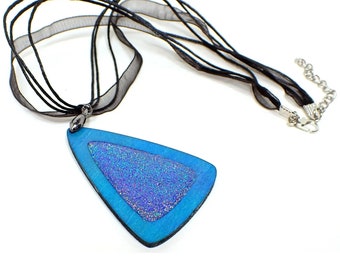 Handmade Blue Dyed Wood Triangle Pendant with Iridescent Holographic Glitter Resin, Gifts Under 20