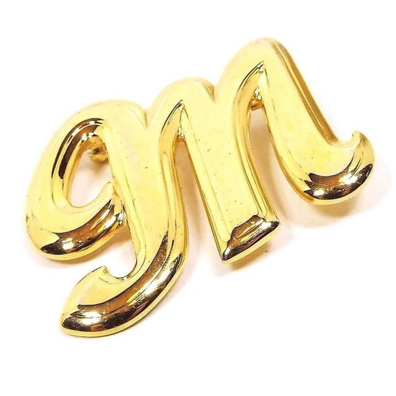 Initial Letter M Vintage Brooch Pin, Gold Tone - image 1