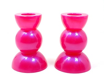 Set of Two Bright Pearly Pink Resin Handmade Rounded Geometric Candlestick Holders