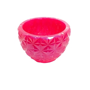 Handmade Small Bright Pink Glitter Resin Atomic Style Decorative Bowl with Faceted Starburst Design