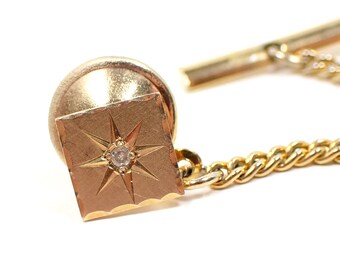 Emmons 14K Gold Front Mid Century Vintage Atomic Starburst Tie Tack with Tiny Diamond Accent Chip, Gifts for Him