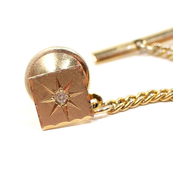 Emmons 14K Gold Front Mid Century Vintage Atomic Starburst Tie Tack with Tiny Diamond Accent Chip, Gifts for Him