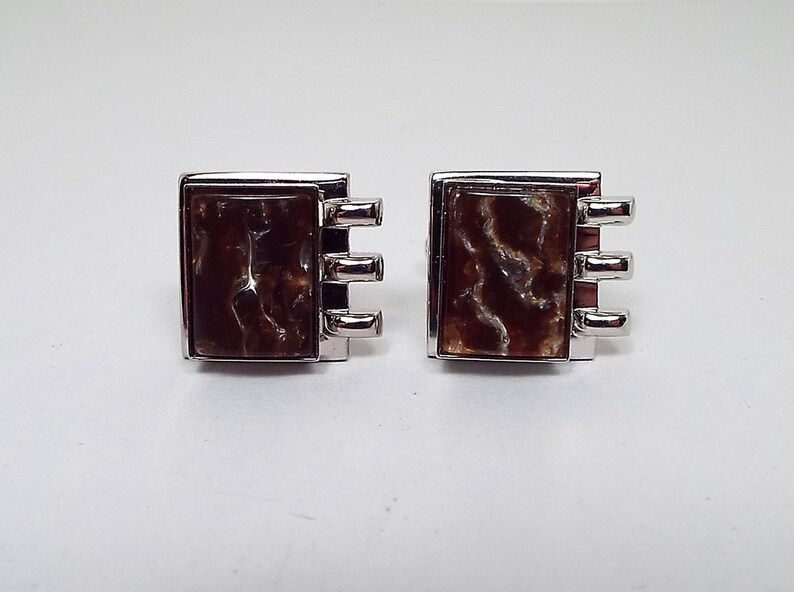 Mid Century 1960s 60s Silver Tone Cuff Links Modernist Rectangle Brown Lucite Cufflinks