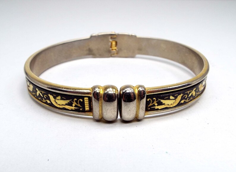 Mid Century 1950s 50s Birds and Flowers Damascene Vintage Hinged Bangle Bracelet
