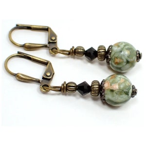 Handmade Rainforest Jasper Gemstone Earrings, Boho Jewelry, Antiqued Brass, Hook Lever Back or Clip On