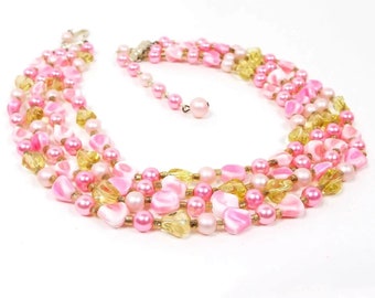 Japan Pink and Yellow Beaded Mid Century Vintage Multi Strand Necklace