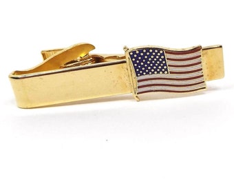 Enameled American Flag Vintage Tie Clip, Gold Tone