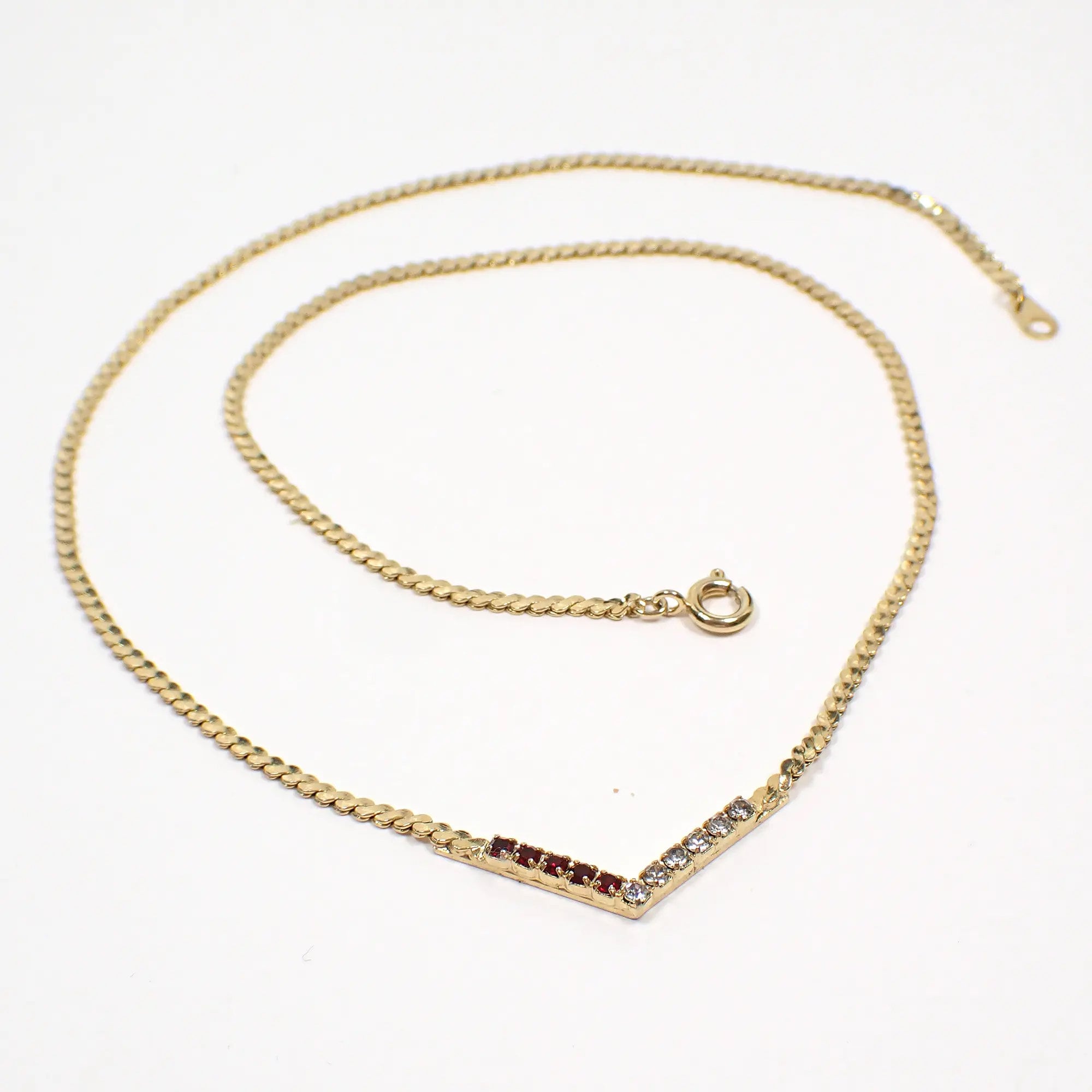80s Vintage red cabochon × rhinestone design necklace - Shop