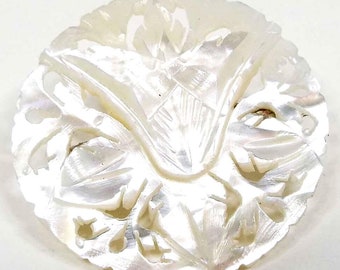 Bethlehem Carved Mother of Pearl Mid Century Vintage Flower Brooch Pin, Floral Jewelry