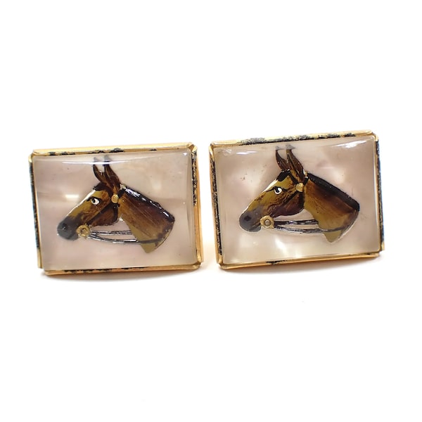 Anson Mid Century Vintage Intaglio Horse Cufflinks, Gold Tone Reverse Painted Crystal Glass Cuff Links, Animal Jewelry