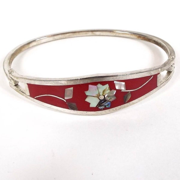 Taxco Red Enameled Abalone Flower Vintage Hinged Bangle Bracelet, Silver Tone Alloy, Floral Jewelry