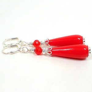 Handmade Red Lucite Teardrop Earrings, Silver Plated, Hook Lever Back or Clip On