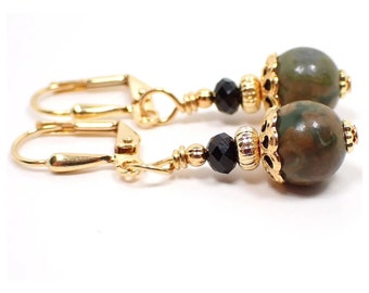 Handmade Rainforest Jasper Gemstone Earrings, Gold Plated, Boho Jewelry, Hook Lever Back or Clip On