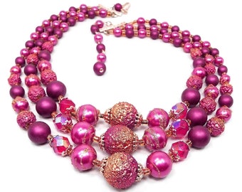 Japan Pink Purple Beaded Multi Strand Vintage Necklace