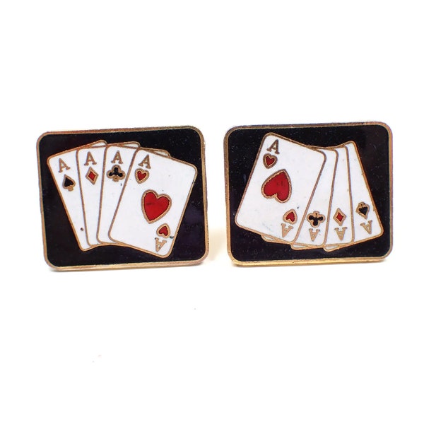 Black and White Enameled 4 of a Kind Playing Cards Aces Vintage Cufflinks, Poker Player Cuff Links, Gambler Gifts