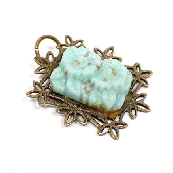 Art Deco Vintage Mint Green Molded Czech Glass Floral Filigree Pendant, Stamped Brass Setting, Jewelry Supply Finding