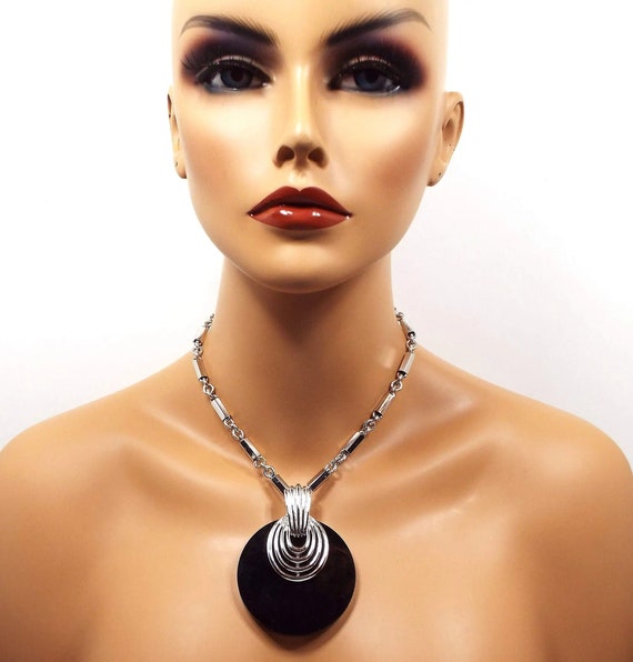 Maximalist Large Black Round Vintage Pendant Neck… - image 2