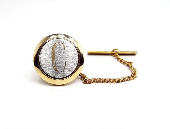 Letter Initial C Vintage Tie Tack, Engraved Two T… - image 2