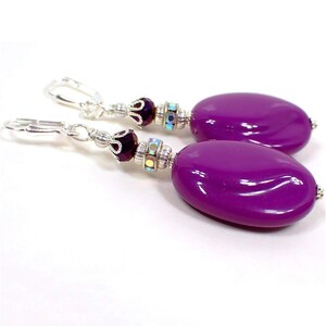 Handmade Large Purple Lucite and Rhinestone Earrings, Silver Plated, Hook Lever Back or Clip On