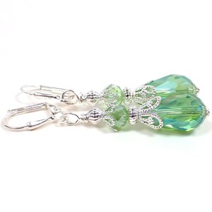 Handmade AB Light Green Glass Crystal Teardrop Earrings, Silver Plated, Prom Formal, Hook Lever Back or Clip On, Gifts for Her