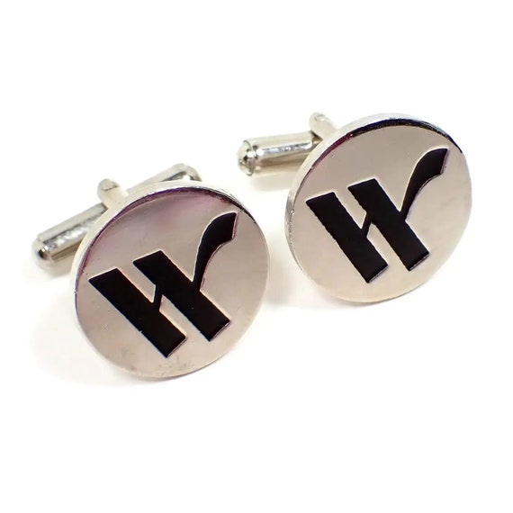 Initial W Vintage Cufflinks, Round Silver Tone and