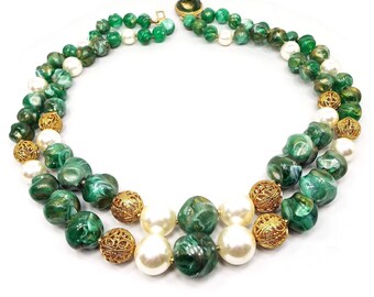 Faux Pearl and Green Beaded Mid Century Vintage Multi Strand Necklace