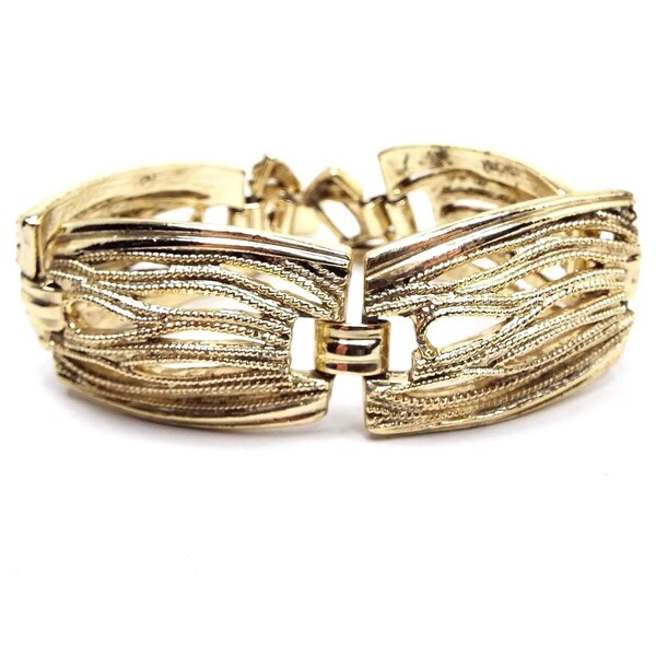 Gold Tone Filigree Link Mid Century Vintage Panel Bracelet