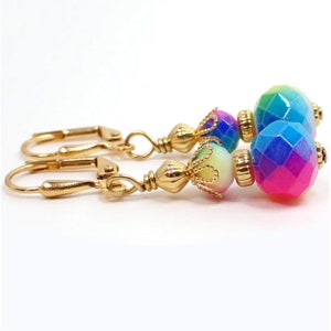 Handmade Small Rainbow Drop Earrings, Gold Plated, Hook Lever Back or Clip On