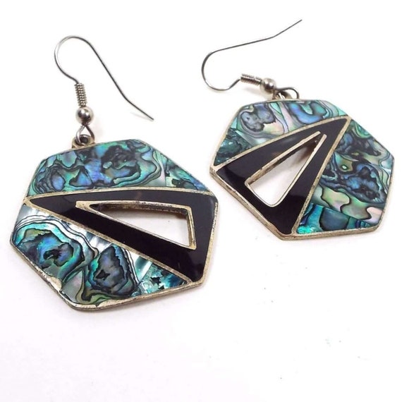 Mexican Black Enameled Vintage Hexagon Earrings w… - image 1