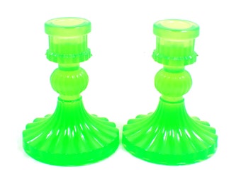 Set of Two Vintage Style Handmade Semi Translucent Neon Green Resin Candlestick Holders, UV Fluorescent, Home Decor, Unisex Gifts for Them