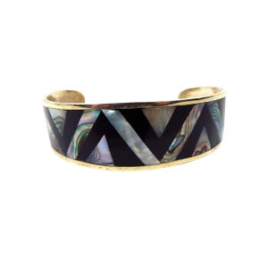 Vintage Mexican Abalone Shell and Black Enameled Chevron Cuff Bracelet