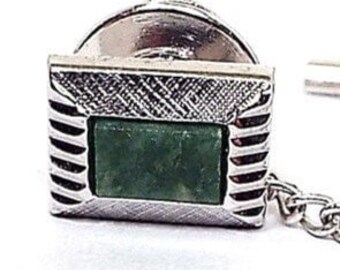 Green Moss Agate Gemstone Retro Vintage Tie Tack, Silver Plated Modernist