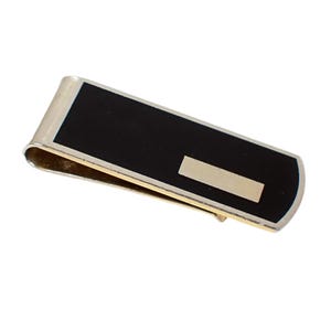 Black Vintage Money Clip with Inlaid Plastic Front, Gold Tone, Made in USA, Gifts for Him