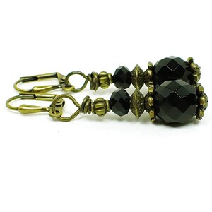 Handmade Antiqued Brass Black Glass Beaded Drop Earrings, Hook Lever Back or Clip On