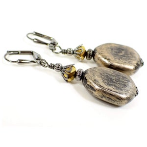 Handmade Metallic Antiqued Gold and Black Earrings, Gunmetal Plated, Hook Lever Back or Clip On