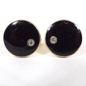 Black Enameled Rhinestone Vintage Cufflinks, Gold Tone Round