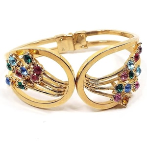 Multi Color Rhinestone Mid Century Vintage Hinged Clamper Bracelet, Gold Tone, Rainbow Colors