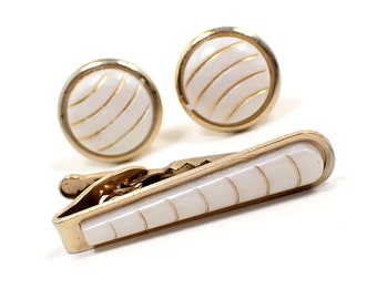 1970's White Plastic and Gold Tone Vintage Men's Jewelry Set, Striped Tie Clip Clasp and Cufflinks Cuff Links, Gifts for Him