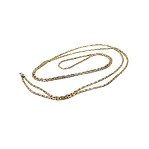 Long Vintage Gold Tone Square Link Chain Necklace with Small Faux Pearl Charm