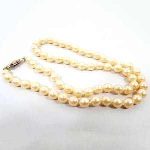 Golden Off White Vintage Faux Pearl Necklace, Hand Knotted and Glass Beaded